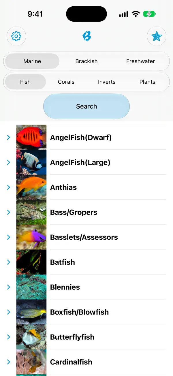 Species list screen