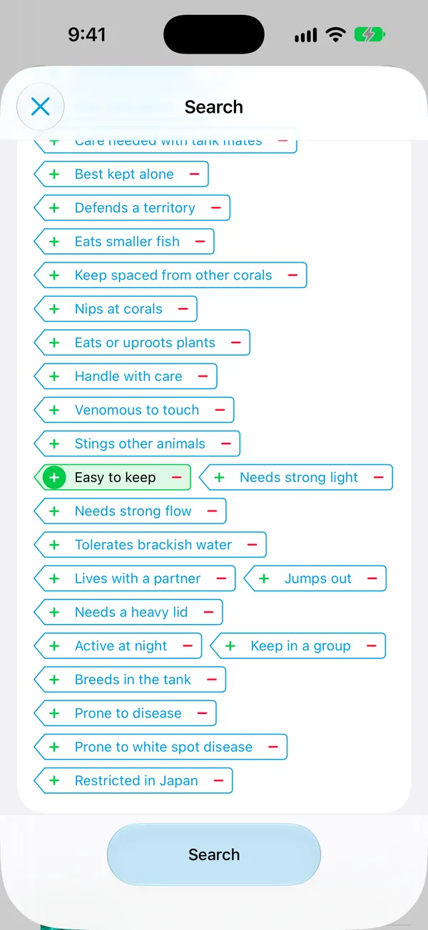 Search filters screen