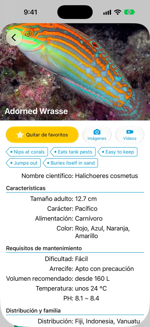Pantalla de detalle de la especie