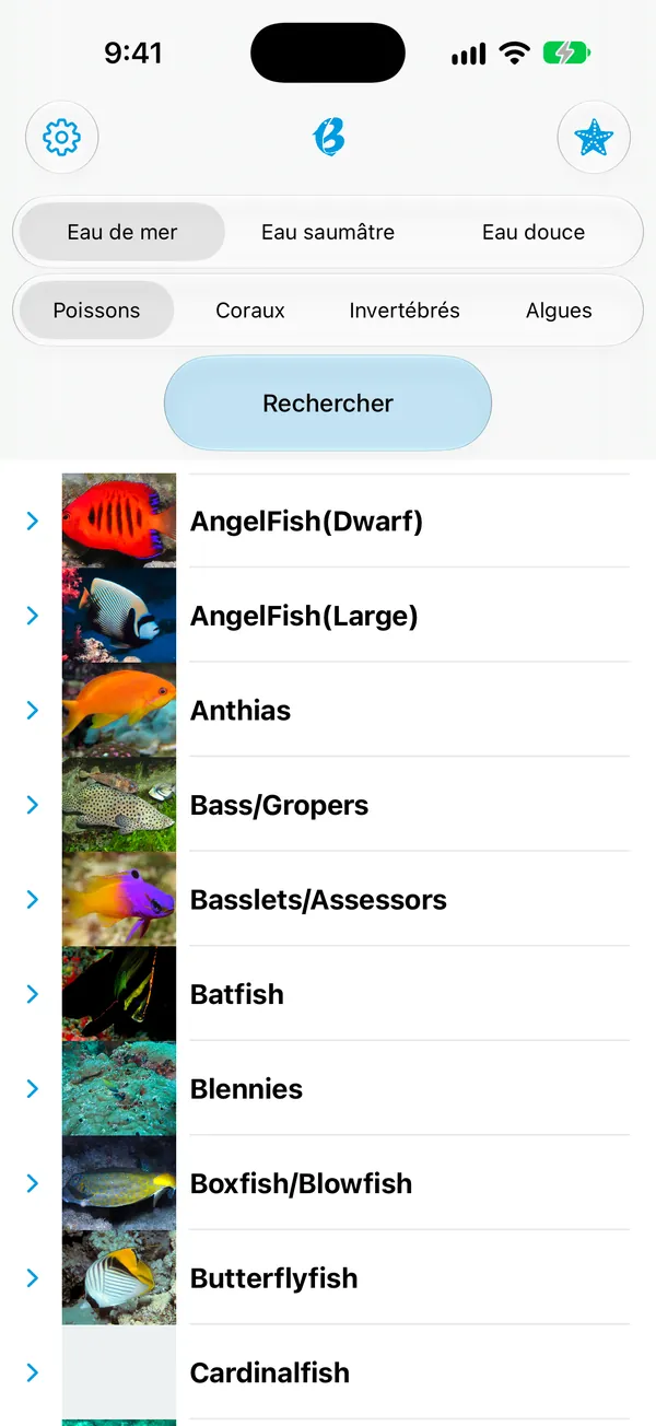 Écran de la liste des espèces