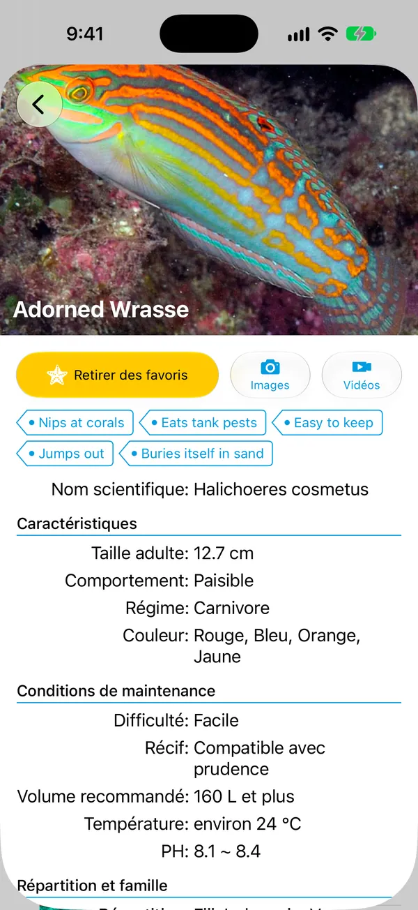 Écran de détail d’une espèce