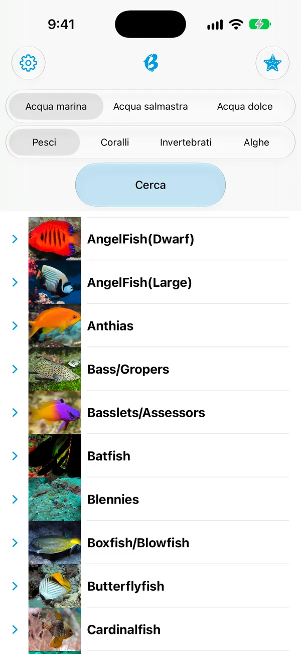 Schermata dell'elenco delle specie