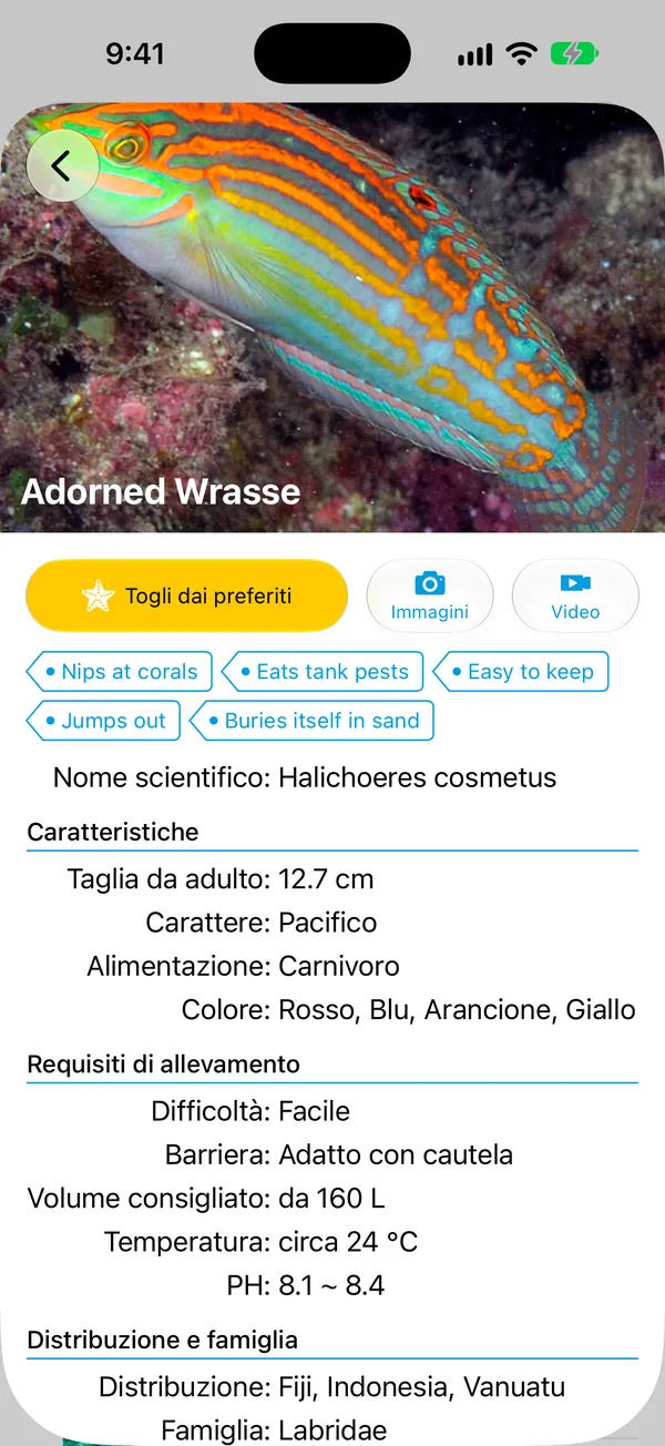 Schermata di dettaglio della specie