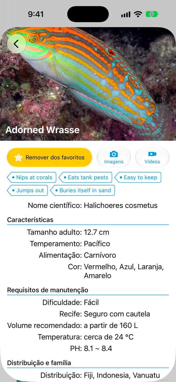 Tela de detalhes da espécie